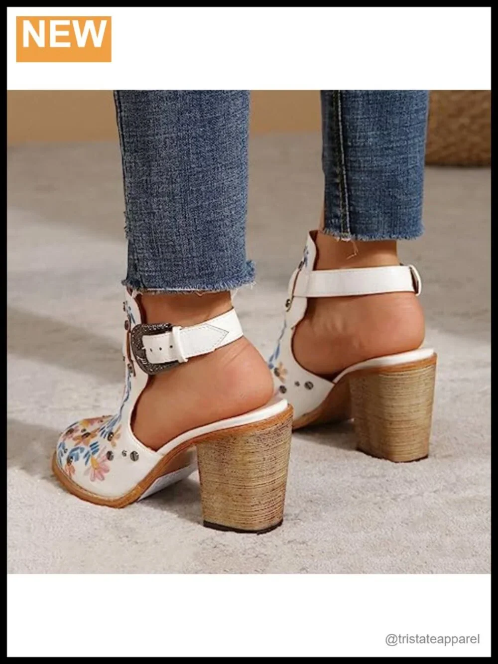 Women's Floral Embroidery Ankle Boots Buckled Backless Western Chunky Heeled